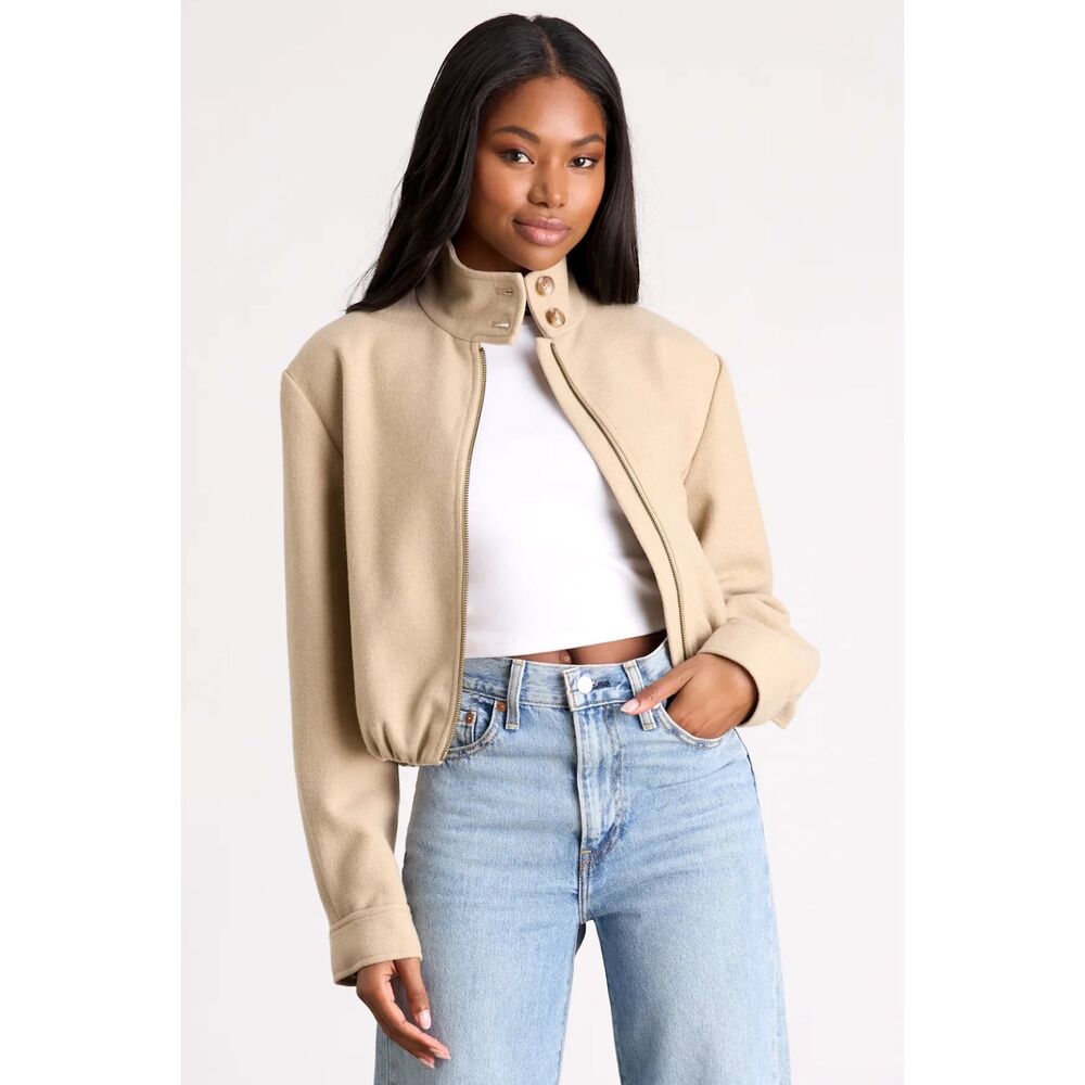 Lulu's Jinora Light Beige Zip-Front Bomber Jacket in S | brand new with tags